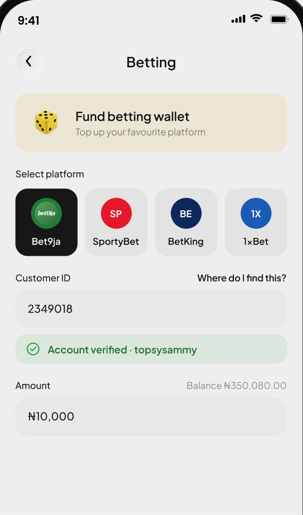 Fund betting wallet screen with Bet9ja selected