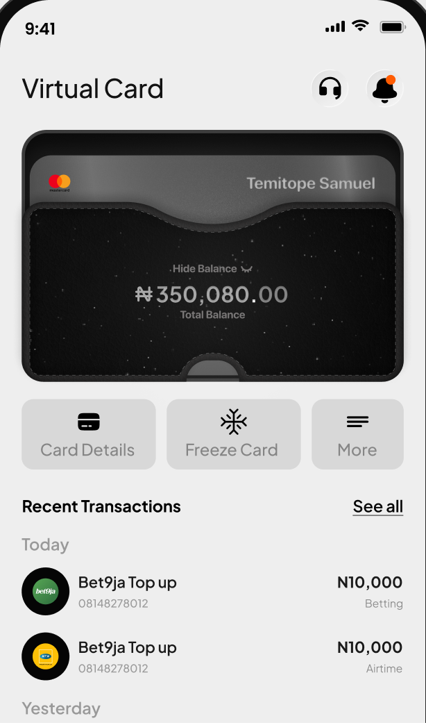 Virtual card screen showing a ₦350,080 card balance