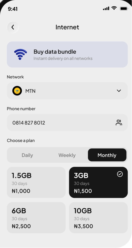 Buy data bundle screen with the 3GB monthly plan selected
