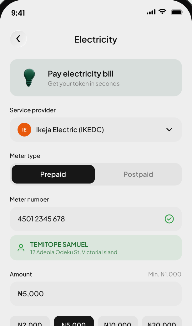 Pay electricity bill screen with a verified meter