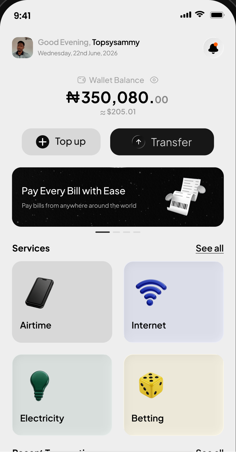 DUBA app home screen showing a ₦350,080 wallet balance and services