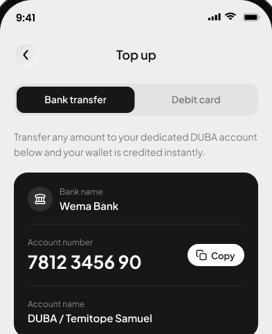 Top up wallet screen